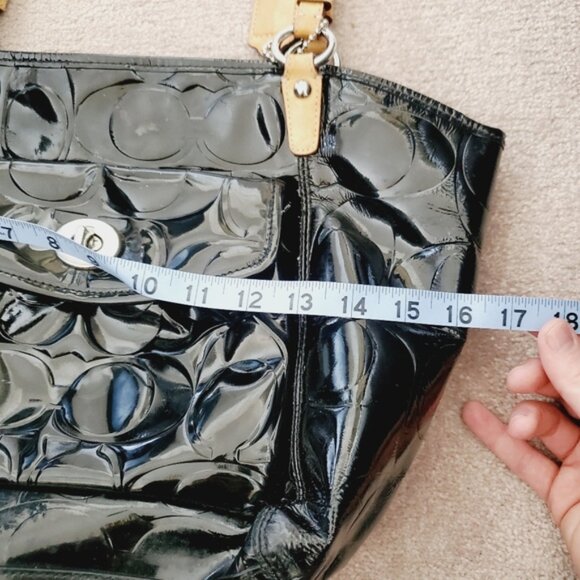 COACH Leah Signature Y2K Black Embossed Patent & Tan Leather Tote Bag - Picture 8 of 8